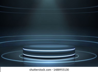 Empty podium, platform on glossy surface for product presenting, performance stage illuminated in darkness with searchlight beam and bright, blue neon light rings 3d realistic vector illustration