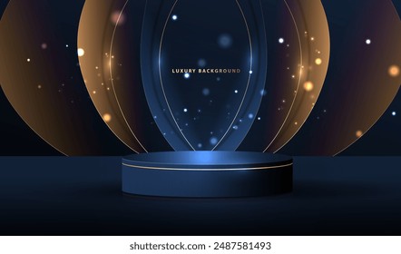 Empty podium presentation display studio with gold and blue light lines and dots vector on black background. Luxury award mockup geometric spotlight scene.
