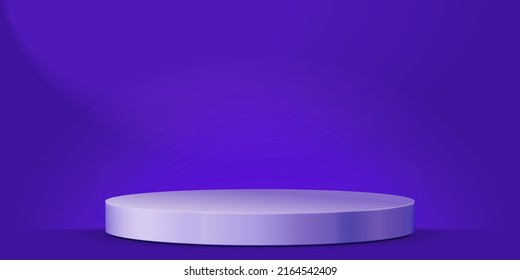 Empty podium for product display. 3d pedestal round shape for fashion presentation, sale discount advertisement vector illustration over purple background