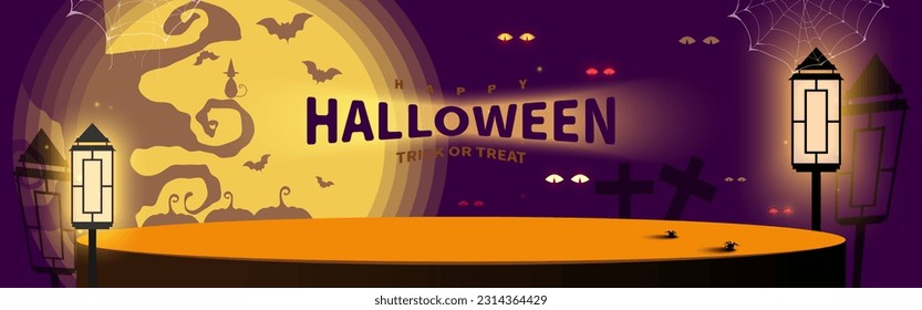 Empty podium for product display decorated with Lights Lantern, Moon, and silhouette on Halloween Night. Halloween background. Product stage shows. Vector illustration.