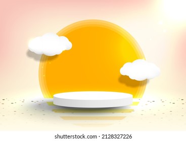 Empty podium for product display with the summer scene background. Abstract backdrop decor with sun and clouds. Vector illustration.