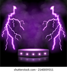 Empty podium scene for product presentation with neon glowing lightning strike