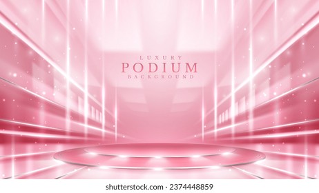 Empty podium silver on pink background with light neon effects with bokeh decorations. Luxury scene design concept. Vector illustrations.