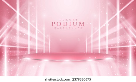 Empty podium silver on pink background with light neon effects with bokeh decorations. Luxury scene design concept.