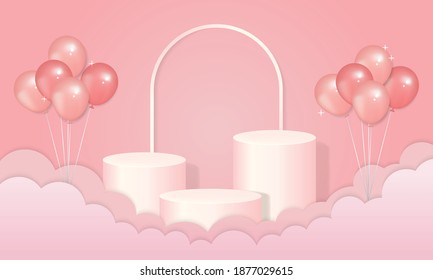 Empty podium stage display for product showcase decorated with cloud paper cut out and balloons. Dreamy valentine concept. Realistic vector.