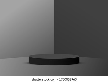 Empty podium studio black background for product display with copy space. Showroom shoot render. Banner background for advertise product.