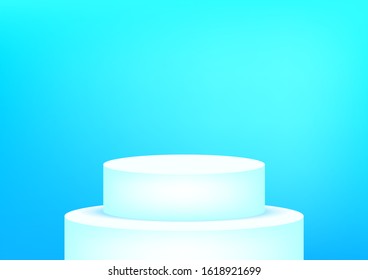 Empty podium studio blue background for product display with copy space. Showroom shoot render. Banner background for advertise product.