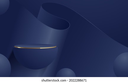 Empty podium studio deep blue background for product display with copy space