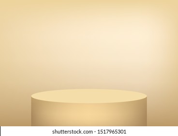 Empty podium studio gold background for product display with copy space. Showroom shoot render. Banner background for advertise product.