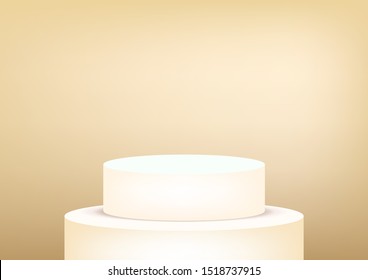 Empty podium studio gold background for product display with copy space. Showroom shoot render. Banner background for advertise product.