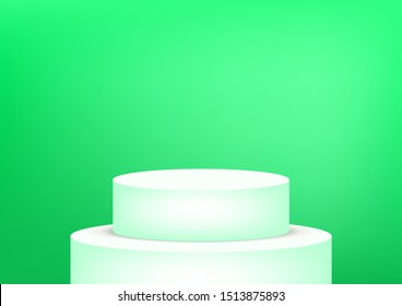 Empty podium studio green background for product display with copy space. Showroom shoot render. Banner background for advertise product.