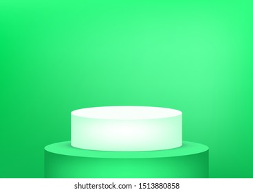Empty podium studio green background for product display with copy space. Showroom shoot render. Banner background for advertise product.