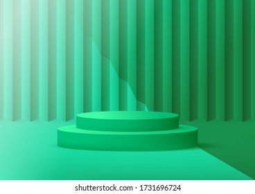 Empty podium studio green background for product display with copy space. Showroom shoot render. Banner background for advertise product