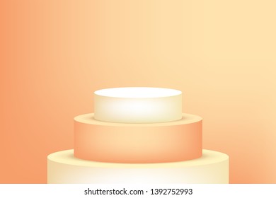 Empty podium studio orange background for product display with copy space. Showroom shoot render. Banner background for advertise product