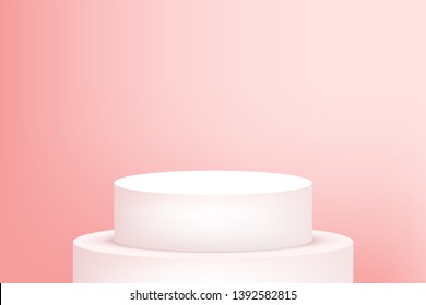 Empty podium studio pink background for product display with copy space. Showroom shoot render. Banner background for advertise product.