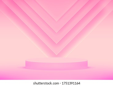 Empty podium studio pink background for product display with copy space. Showroom shoot render. Banner background for advertise product.