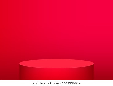 Empty podium studio red background for product display with copy space. Showroom shoot render. Banner background for advertise product.