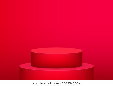 Empty podium studio red background for product display with copy space. Showroom shoot render. Banner background for advertise product.