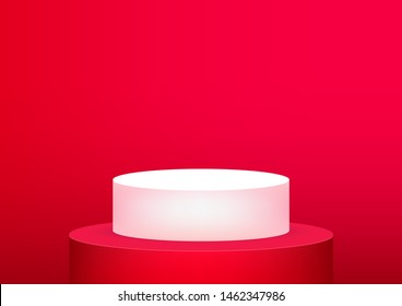 Empty podium studio red background for product display with copy space. Showroom shoot render. Banner background for advertise product.