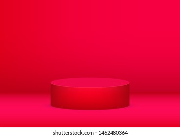 Empty podium studio red background for product display with copy space. Showroom shoot render. Banner background for advertise product.