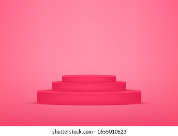Empty podium studio red background for product display with copy space. Showroom shoot render. Banner background for advertise product.