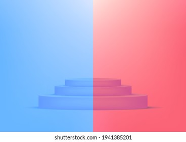 Empty podium studio red and blue background for product display with copy space. Showroom shoot render. Banner background for advertise product.