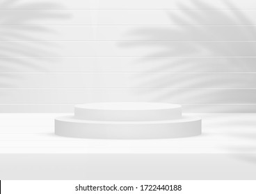 Empty podium studio white wood background with palm leaves for product display. Showroom shoot render. Banner background for advertise product.