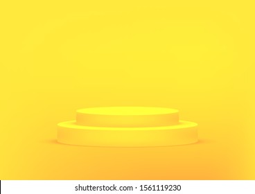 Empty podium studio yellow background for product display with copy space. Showroom shoot render. Banner background for advertise product.