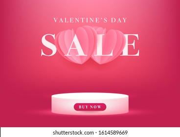 Empty podium with Valentine's Day Sale, Pink hearts background, Special offer, Sale banner.