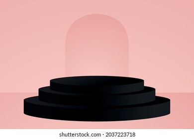 Empty podium. Vector illustration with copy space. Black oval award stage on pink background