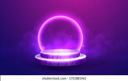 Empty podium vector illustration isolated on purple background - Exhibition pedestal with a neon circle - Empty space for your product