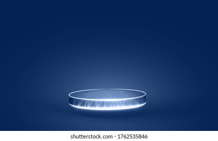 Empty podium vector illustration isolated on a blue background - Exhibition pedestal with a neon circle - Empty space for your product