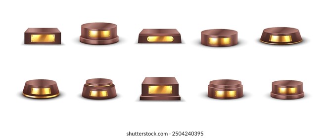 Empty podiums with mockup metal nameplates realistic vector illustration set. Classic displays items demonstration 3d models on white background