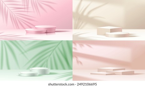 Podios vacíos con hojas de palmera sombras conjunto de Ilustración vectorial realista. la presentación de Producto muestra objetos 3d sobre fondo de color