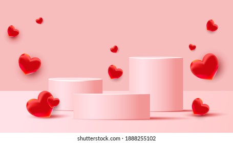 Empty podiums, pedestals or platforms with flying red love balloons on a pink background. Minimal scene with geometrical forms for product presentation. Vector illustration