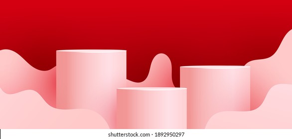 Podos vacíos, peatones o plataformas con formas de onda de corte de papel sobre fondo rojo. Escena mínima con formas geométricas para la presentación del producto. Ilustración del vector
