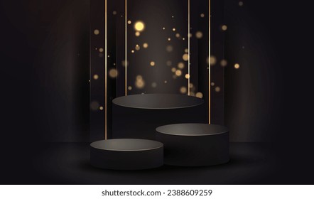 Empty podiums presentation display studio with gold light lines and splash dots vector on black background.