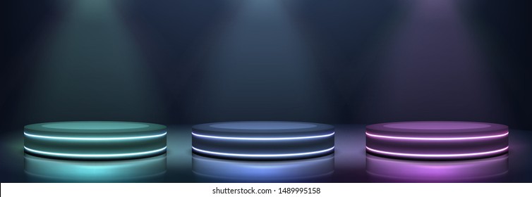 Empty podiums for product presentation or fashion performance, glowing in darkness with various colors neon light rims, illuminated with searchlights on glossy surface 3d realistic vector illustration