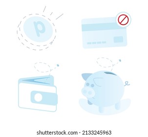 Empty point, balance or credit vector illustration set for application information or transaction alert. Empty point, rejected or declined credit card, empty wallet or balance,  empty piggy bank