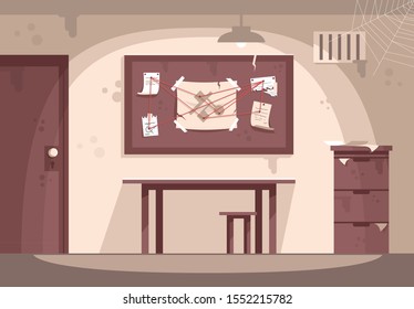 Empty police cabinet flat vector illustration. Escape room interior. Detective workplace, crime investigation, solving mysteries. Quest room. Modern entertainment, investigation game