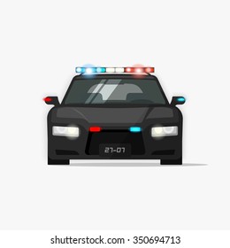 Empty police car vector illustration, high performance cop auto, urban police cruiser patrols, security emergency automobile icon with flashing lights, modern poster concept, sticker isolated on white