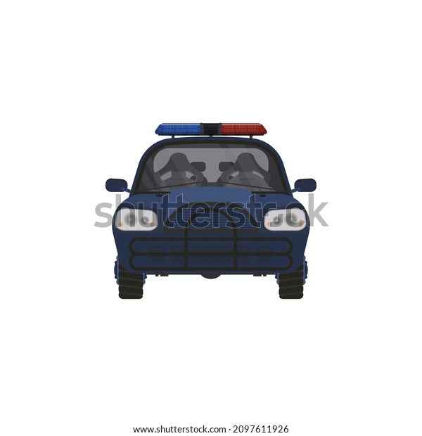 Empty police car vector illustration, high\
performance cop auto, urban police cruiser patrols, security\
emergency automobile icon with flashing lights, modern poster\
concept, sticker isolated on\
white