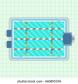 Empty Pool For Lap Swimming And Jumping Into The Water From A Tower. Poolside Image. Cartoon Flat Vector Illustration. Objects Isolated On A White Background.