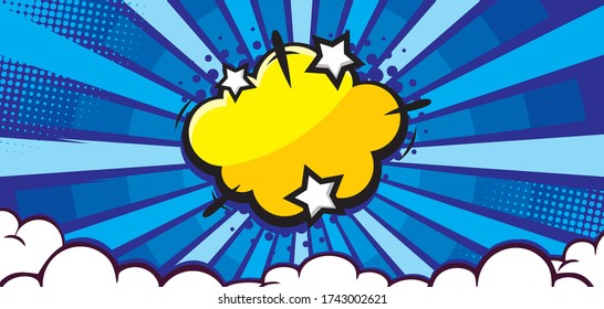 Empty Pop Art Comic Background With Cloud And Star. Cartoon Vector Illustration On Blue