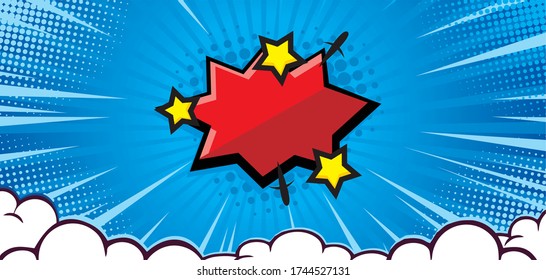 Empty Pop art comic background with cloud and star. Cartoon Vector Illustration on blue