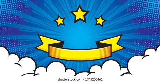 Empty Pop art comic background with cloud, banner and star. Cartoon Vector Illustration on blue