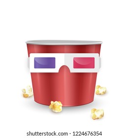 empty popcorn bucket and 3d glasses on white background, Realistic vector illustration