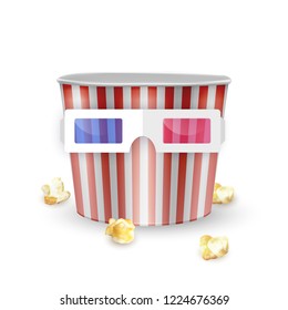 empty popcorn bucket and 3d glasses on white background, Realistic vector illustration
