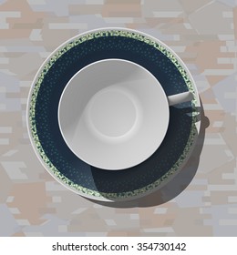 Empty porcelain cup on a blue saucer with gold ornaments. View from above. Seamless background wood or marble. Vector.