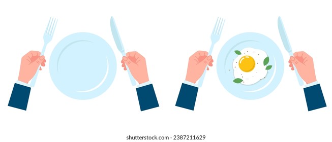 Empty porcelain plate. Bowl full of scrambled eggs. Knife or fork in hand. Omelet at breakfast. Lunch eating. Dishware and cutlery at dining table. Top view. Human arms